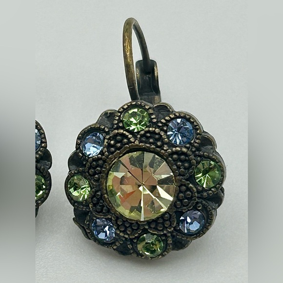 Green and Blue Crystal Studded Oxidized Gold Tone Drop Earrings - Picture 4 of 9